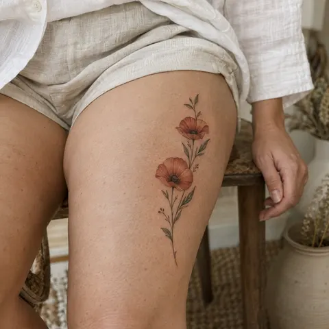 Simulation IA : tatouage deux coquelicots sur la cuisse sur la zone illustrée