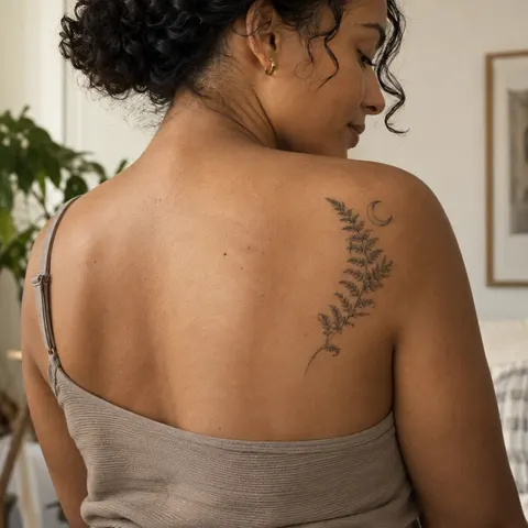 AI tattoo simulation: fern and moon on the shoulder blade on skin