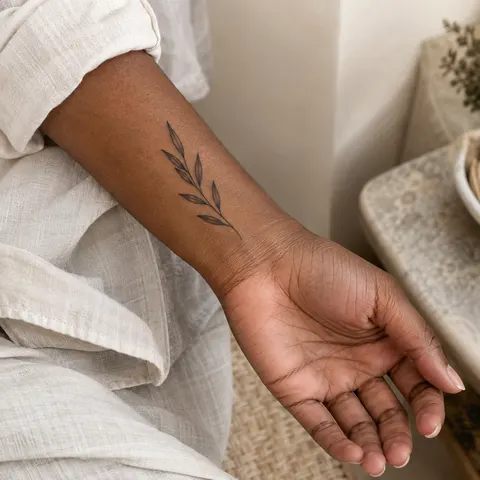 Simulation IA : tatouage une branche près du poignet sur la zone illustrée
