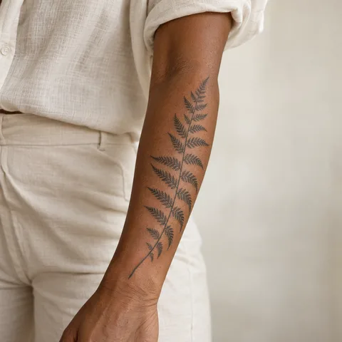 Simulation IA : tatouage fougère sur l’avant-bras sur la zone illustrée