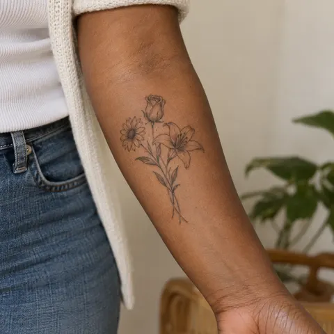 AI tattoo simulation: three flowers for a personal bouquet on skin