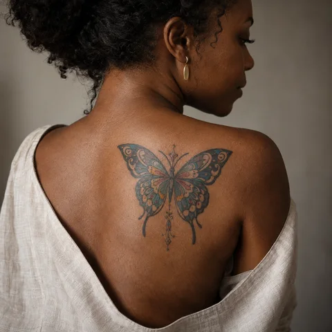 Simulation IA : tatouage papillon néo-traditionnel sur l’omoplate