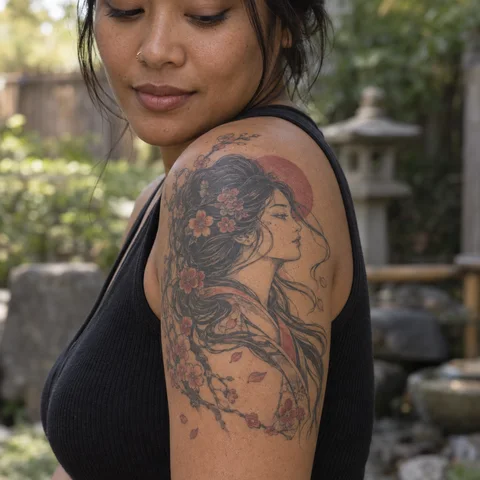 Simulation IA : tatouage portrait et fleurs de cerisier sur le haut du bras