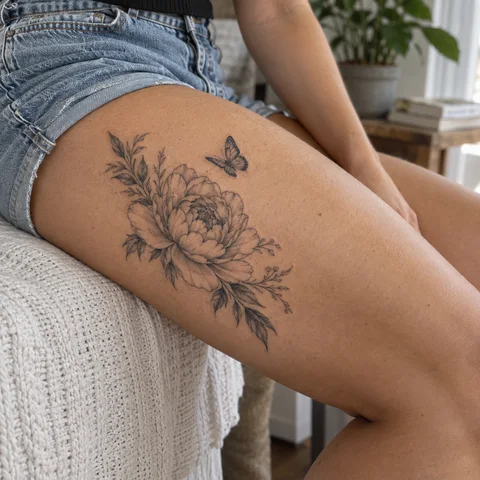 Simulation IA : tatouage pivoine et papillon sur la cuisse