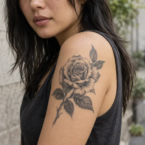 Simulation IA : tatouage rose en noir et gris sur le haut du bras