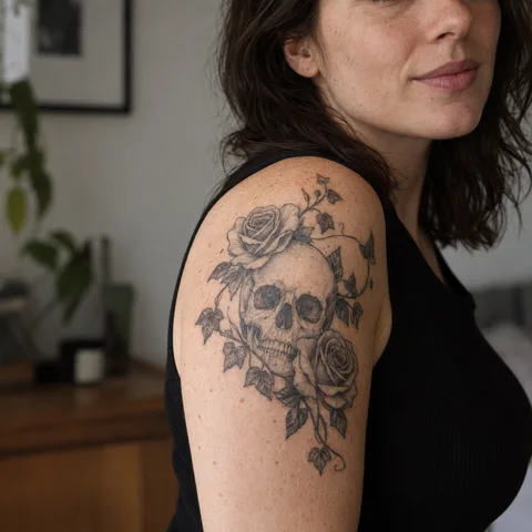 Simulation IA : tatouage crâne botanique sur le haut du bras