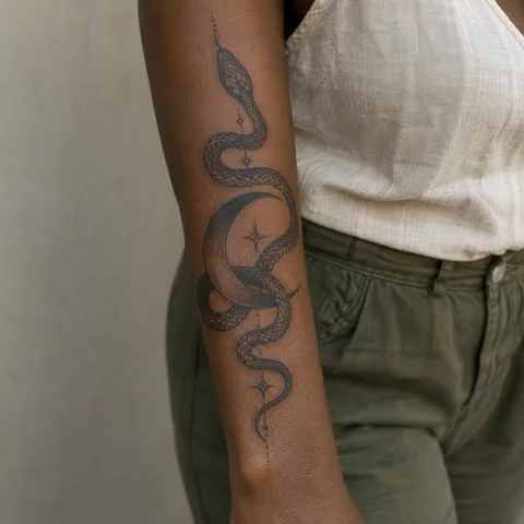 Simulation IA : tatouage serpent et lune sur l’avant-bras