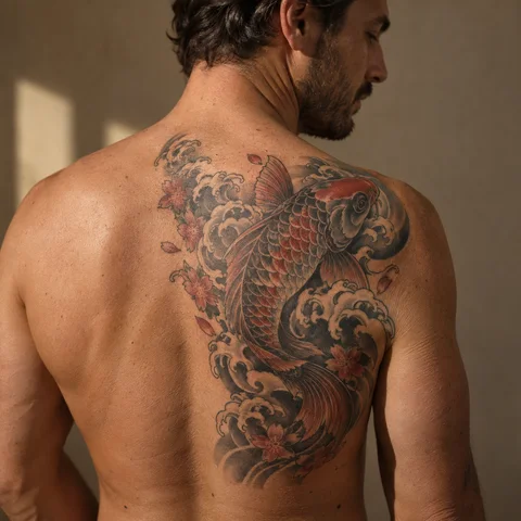 AI tattoo simulation: koi and waves on skin