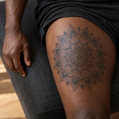 Simulation IA : tatouage mandala ornemental sur la cuisse