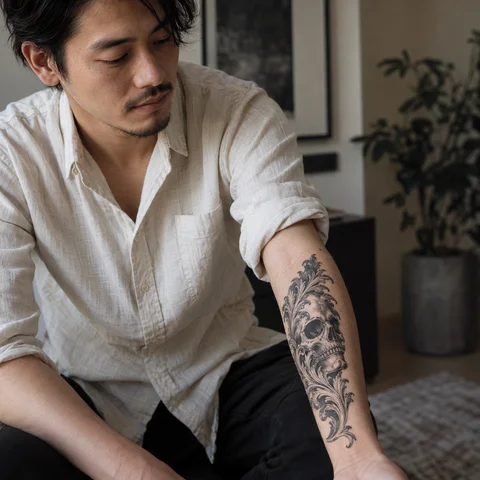 AI tattoo simulation: skull and scrollwork on skin