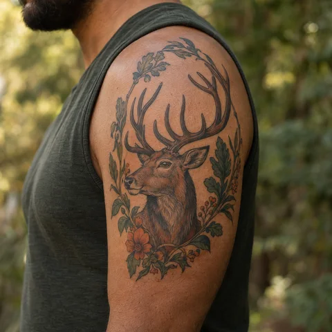 AI tattoo simulation: neo-traditional stag on skin