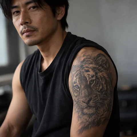 AI tattoo simulation: black-and-grey tiger on skin
