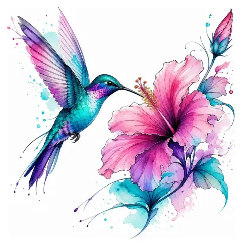 Un colibri en vol près d’une fleur d’hibiscus, touches turquoise, rose et violet, silhouette nette et éclats de couleur légers