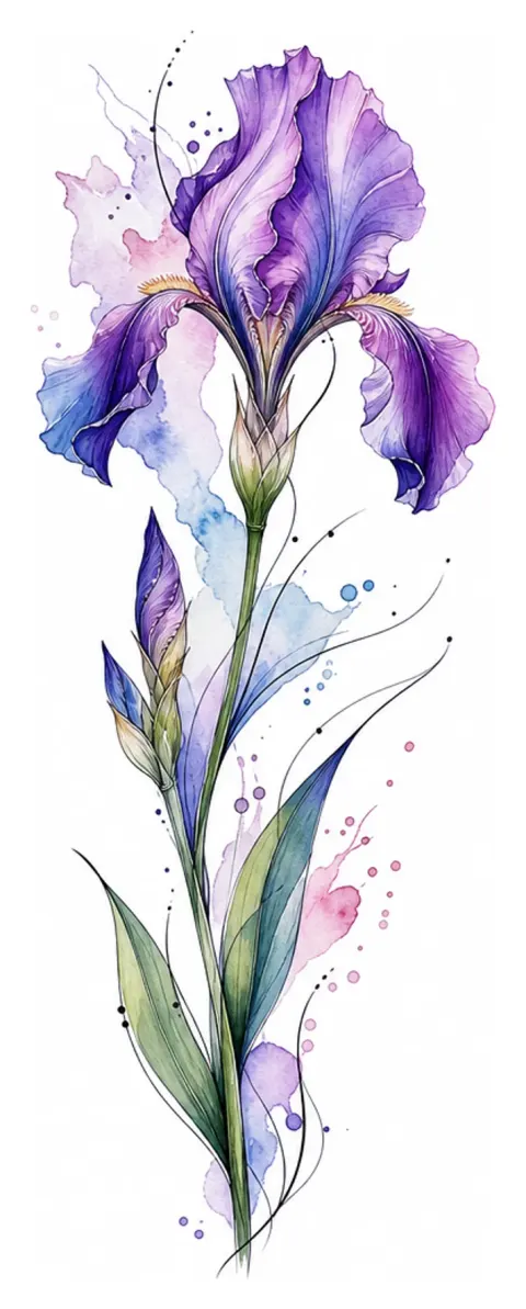 Un iris violet à longue tige avec de petites touches de bleu et de rose, composition verticale élégante