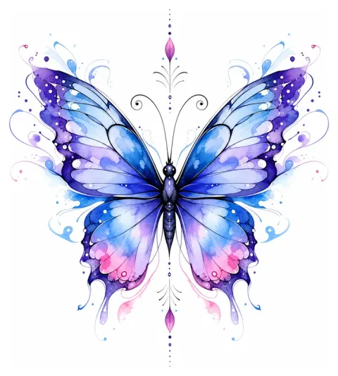 Un papillon aux ailes déployées, dégradés bleu et violet et petites touches de rose, composition symétrique aérée
