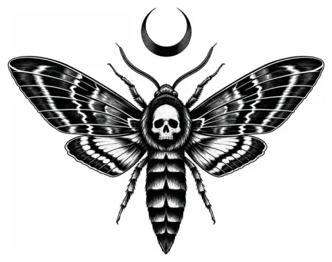 A death's-head hawkmoth, a six-legged insect with two large spread wings and a small skull marking on its thorax, with a crescent moon above, solid black and hatching