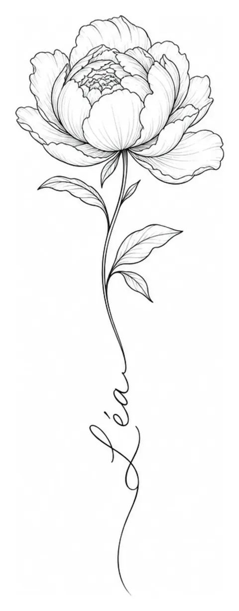 A delicate peony whose stem flows into the name "Léa" in fine handwriting, airy vertical composition