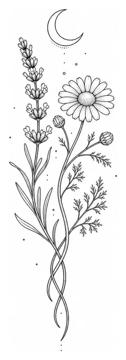 A sprig of lavender and a chamomile flower intertwined beneath a small crescent moon, airy vertical composition