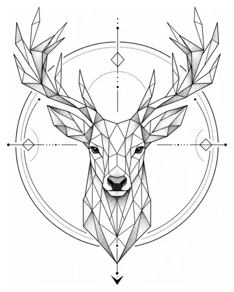 Un cerf polygonal avec accents dotwork dans un cadre circulaire