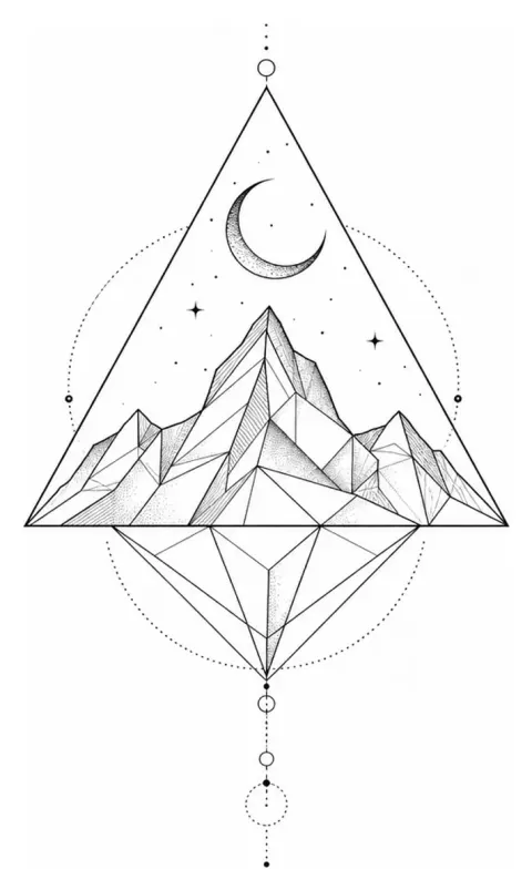 A mountain range in thin lines inside a triangle, with a moon, for the inner arm