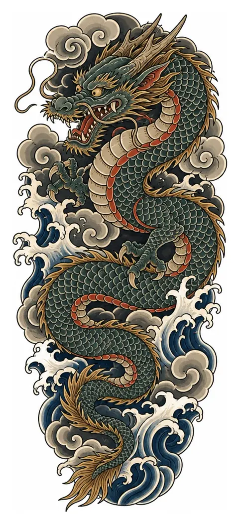A Japanese dragon coiled among clouds and waves, detailed scales, elongated vertical composition for the forearm