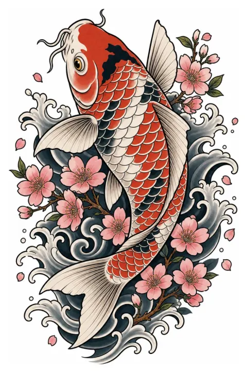 A koi fish surrounded by waves and cherry blossoms
