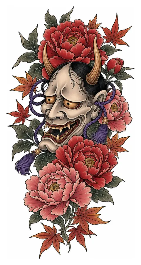 Un masque hannya entouré de pivoines et de feuilles d'érable, composition verticale pour la cuisse