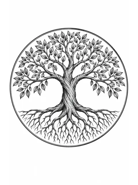 A tree of life with visible roots inside a circle, black ink, for the shoulder blade