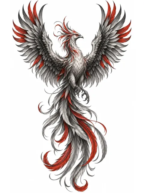 A phoenix rising from its ashes, flowing feathers, black and grey with a few touches of red, vertical composition for a full back