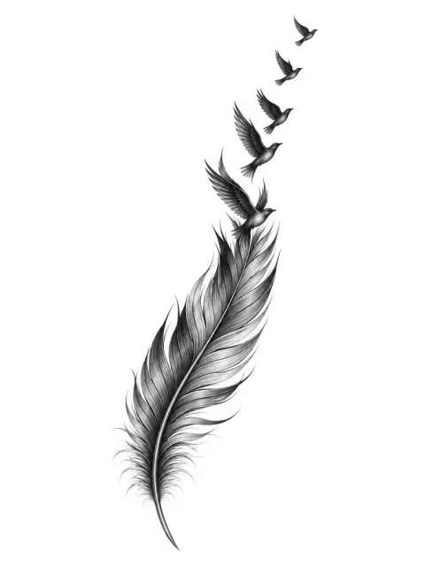 Une plume qui se défait en vol d'oiseaux, noir et gris, composition allongée pour les côtes