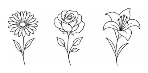 Trois petites fleurs de naissance (marguerite, rose, lys) en trait minuscule, alignées pour le poignet