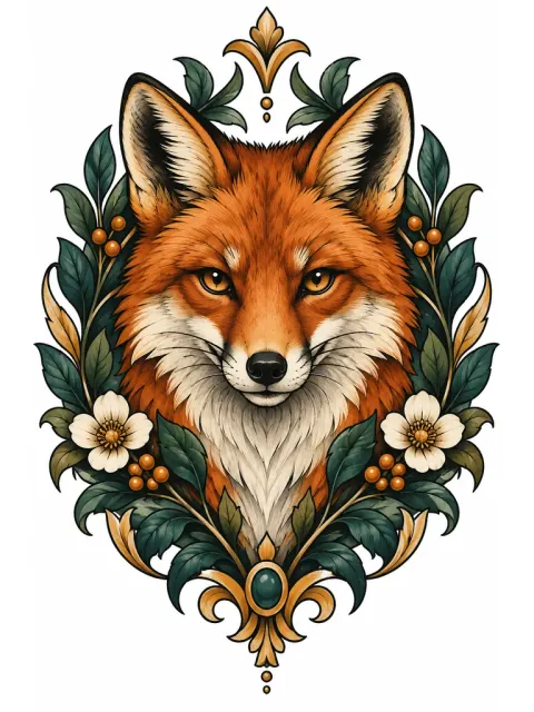 Tête de renard dans un cadre ornemental, couleurs riches