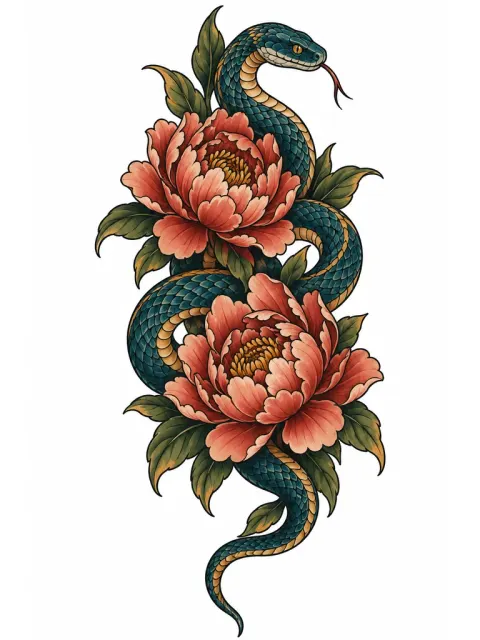 Un serpent enroulé dans des pivoines, écailles détaillées, couleurs riches, composition verticale pour l'avant-bras