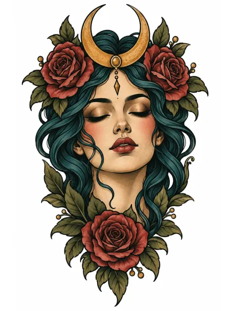 Un seul visage de femme stylisé aux yeux fermés, coiffé de roses et d'un croissant de lune, couleurs riches, pour la cuisse