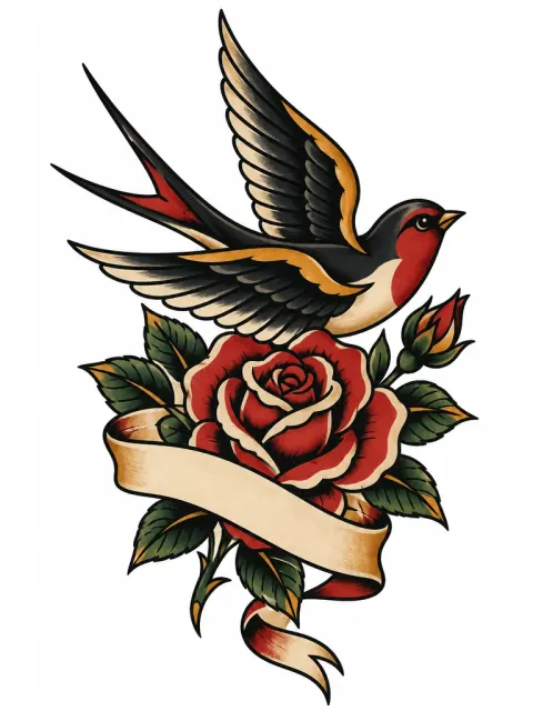 Une hirondelle avec une bannière et une rose, style traditionnel américain