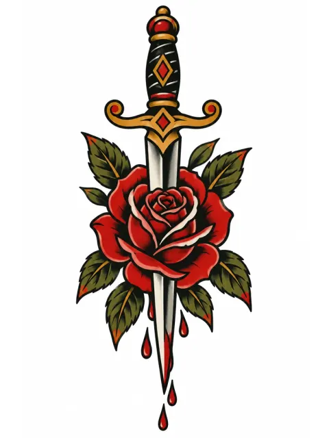 Un poignard traversant une rose rouge, contours noirs épais, pour le mollet