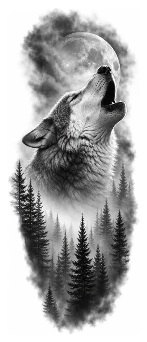 Un loup hurlant dans une forêt de sapins, noir et gris, composition verticale pour l'avant-bras