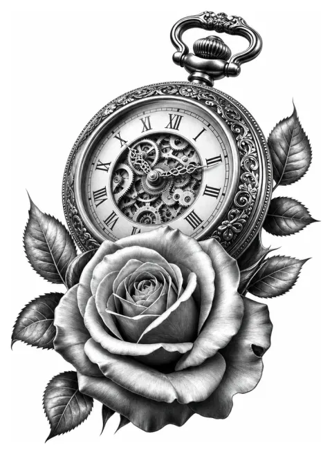 An antique pocket watch with a rose and Roman numerals, black and grey, for the upper arm