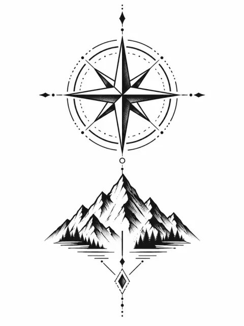 Vertical black ink compass rose above angular mountain silhouette, refined geometric tattoo for upper arm or forearm, medium complexity and readable open spaces, no letters or numbers.