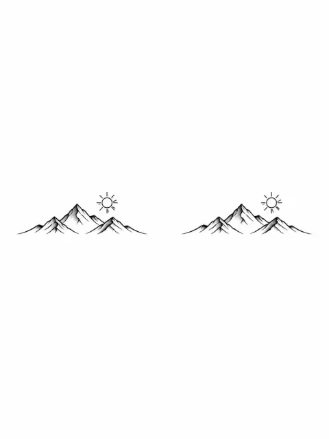 Two identical separate small mountain horizon line tattoos side by side, one tiny sun each, matching size and stroke, wide white gap between designs, black only.