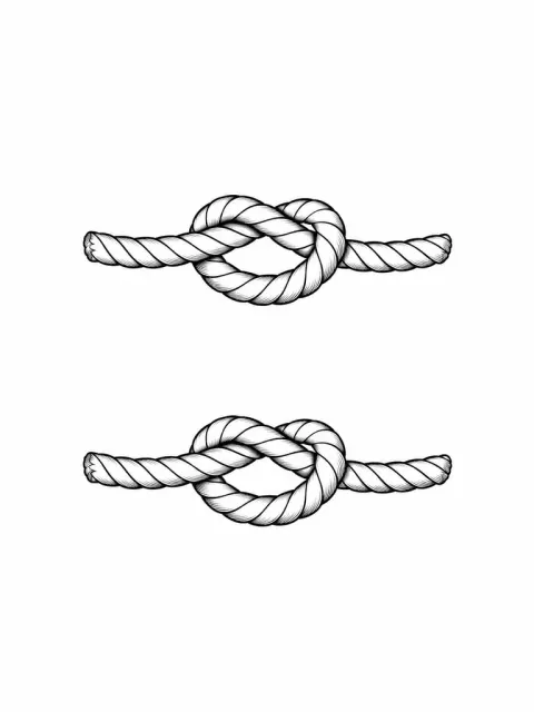 Two separate matching small overhand knot designs, simple readable single rope black contour, three-dimensional overlap conveyed with tiny breaks, wide gap, no text.