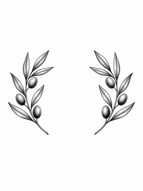 Two matching separate olive sprigs facing each other, each six leaves, fine black outlines, large empty gap, no text.