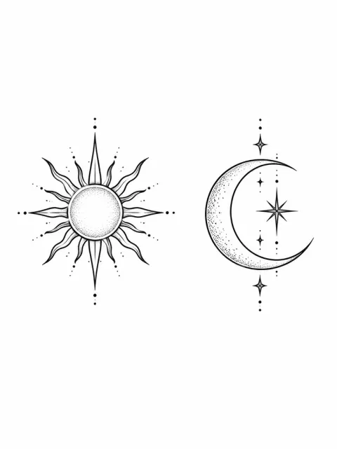Two separate coordinated small tattoo designs side by side: one simple sun and one crescent moon. Equal size and visual weight, generous separation, fine black ink, no words.