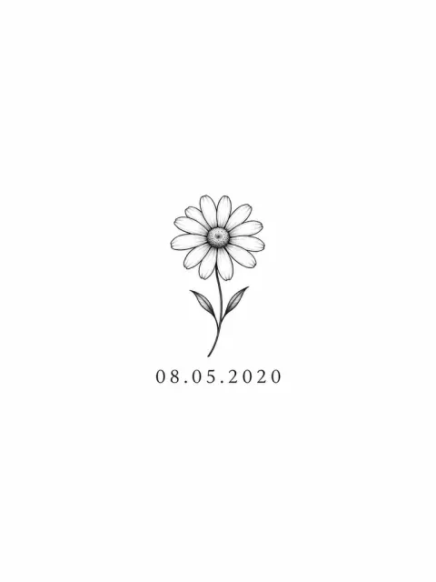One small simple daisy above exact date 08.05.2020 in clear thin black numerals. Airy tiny commemorative composition.