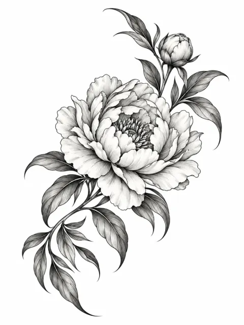 One large elegant peony bloom with flowing botanical leaves, black and grey fine line illustrative tattoo composition for shoulder blade, curved asymmetrical medium sized arrangement, no text.
