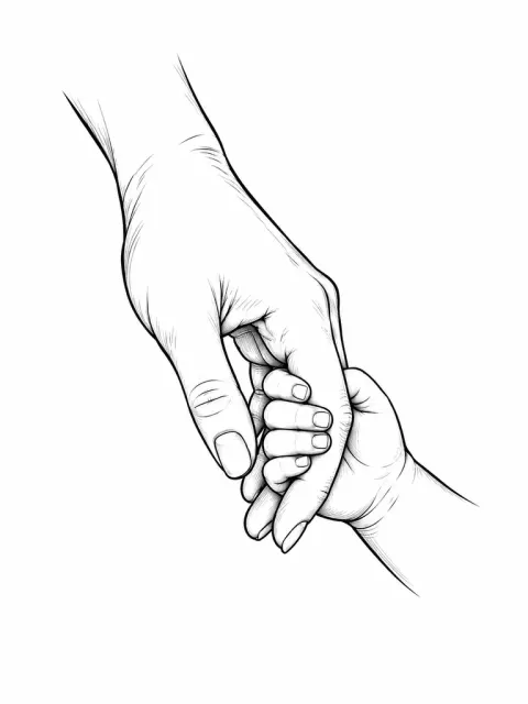 Une main adulte tenant une petite main, hommage familial