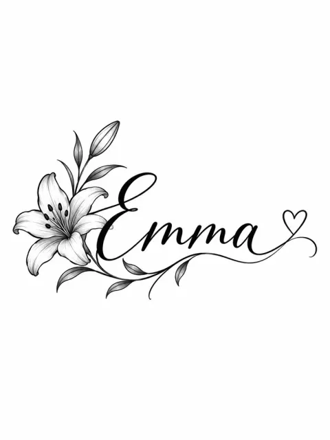 Exact text Emma, graceful readable black cursive, one tiny outline heart at end, no other text.