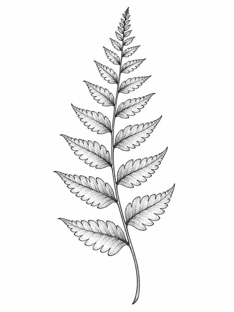 A slender fern with spaced leaves, fine outlines and shading made of small black dots