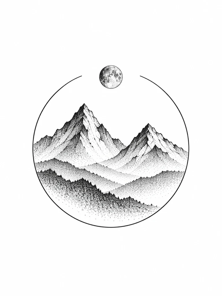 Deux montagnes dans un cercle ouvert, une petite lune et des ombrages en points noirs