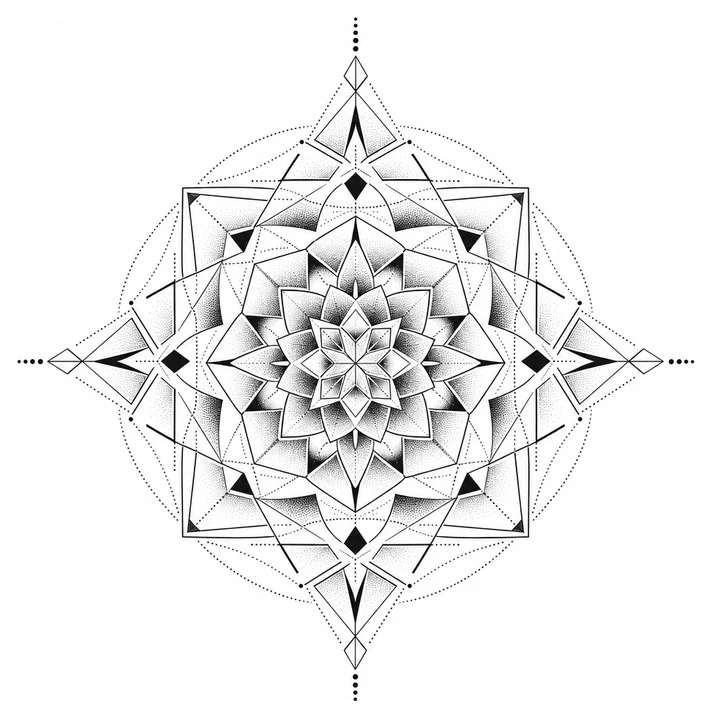 Un mandala symétrique avec dégradé en dotwork, pour l'arrière de l'épaule